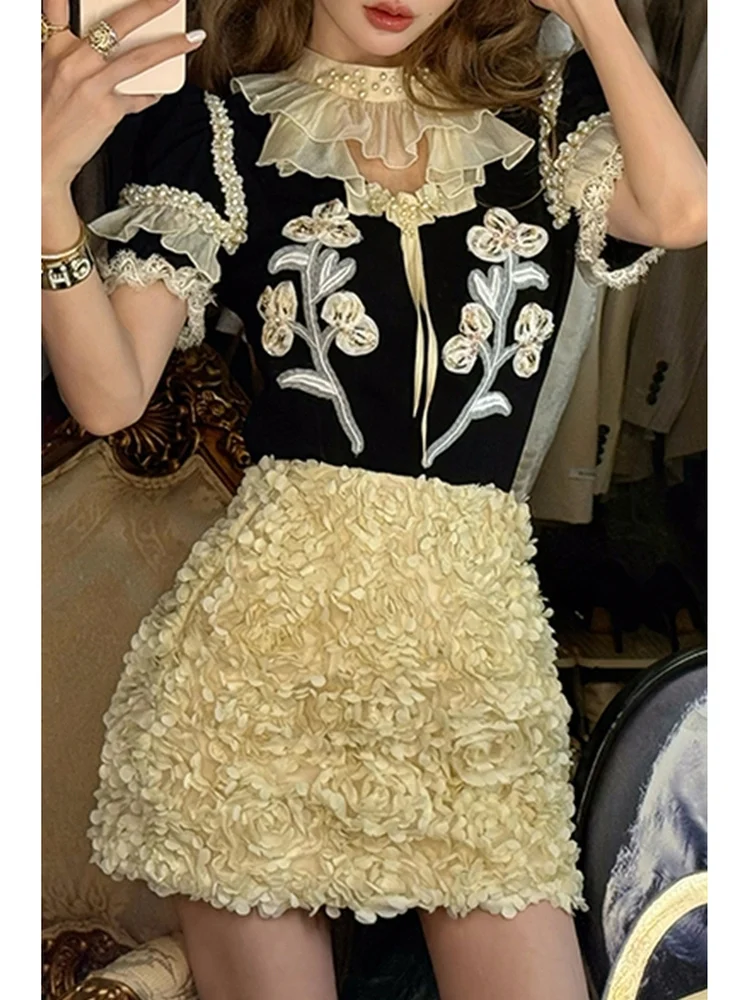 

Юбка-трапеция Ele с высокой талией, вышитый букет роз, шикарный дизайн, чувство персикового цвета, деловая поездка на работу, Sle