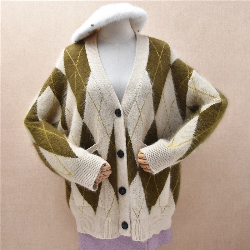 

Women Mujer Autumn Winter Thick Warm Colored Fashion Hairy Angora Rabbit Hair V-Neck Long Sleeves Loose Caridgans Sweater Jacket
