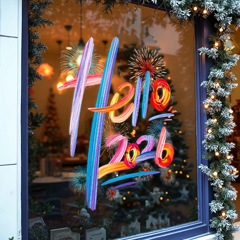 ملصقات السنة الجديدة لتزيين العطلات Hello 2026 ملصقات تزيين النوافذ