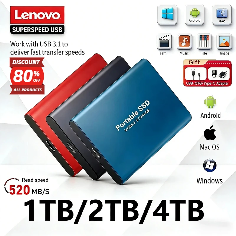 

Внешний твердотельный накопитель Lenovo Portable SSD 2 ТБ, 4 ТБ, 8 ТБ, оригинальный, USB 3.1, высокоскоростной, 2,5 дюйма, для ноутбуков, ПК, телефонов, PS4, Xbox