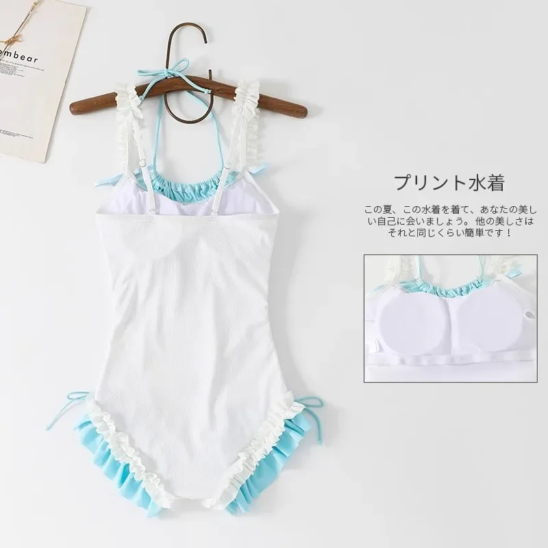 Ruffle Halter Vest ชุดว่ายน้ําบิกินี่ One Piece Monokini Push Up ใหม่ Sweet Lolita ชุดว่ายน้ําเบาะชายหาดว่ายน้ํา