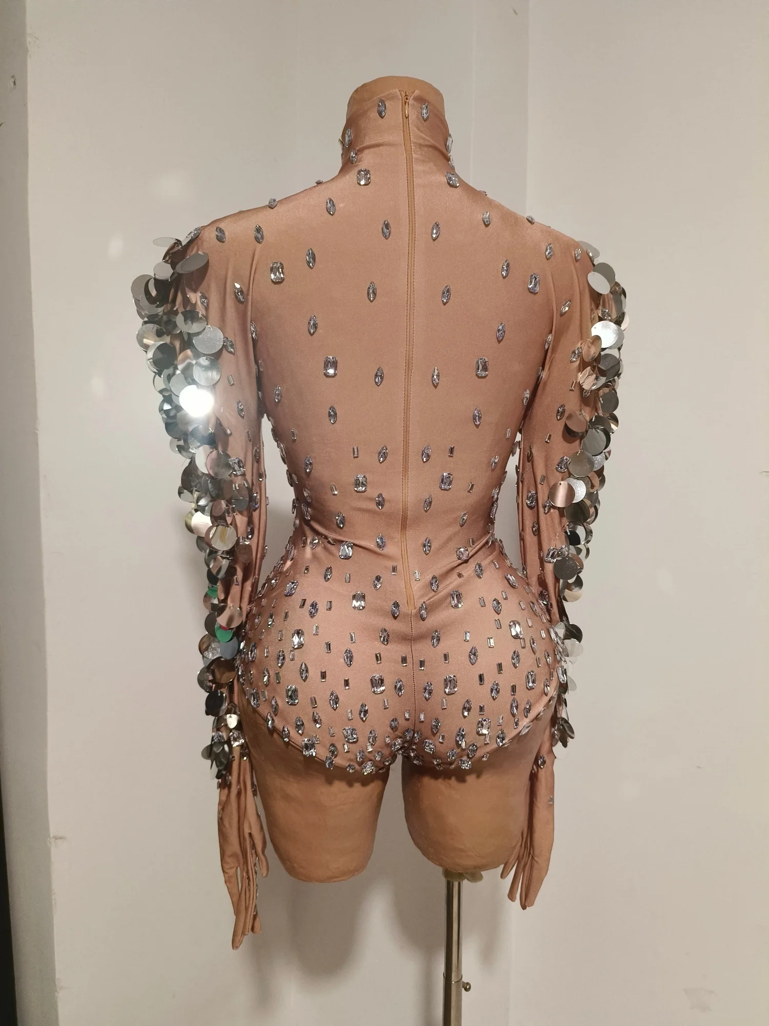 Nude Turtleneck Long Sleeve Bodysuit Silver Rhinestones Puffed Shoulders Big Circular Silver Sequin Fringe Stage Costume Linyu