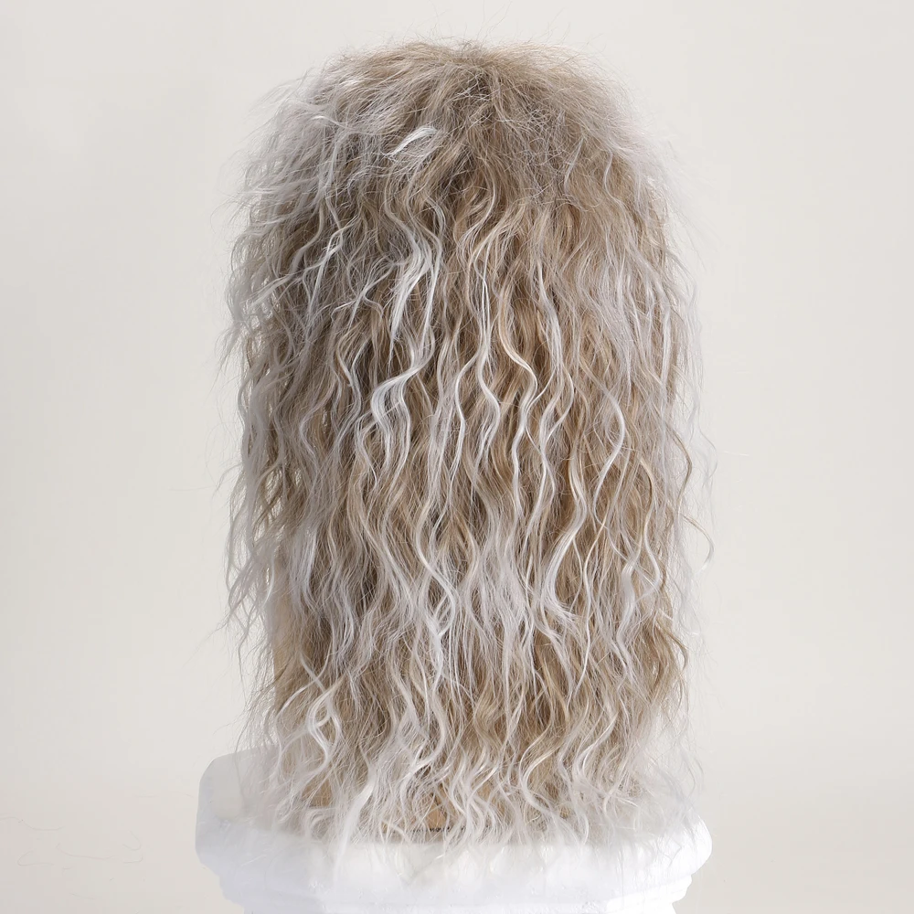 70s 80s Rockstar Synthetic Wig for Men Silver and Brown Punk Fluffy Curvy Long Wigs for Halloween Party Mullet Wig Cosplay Rock