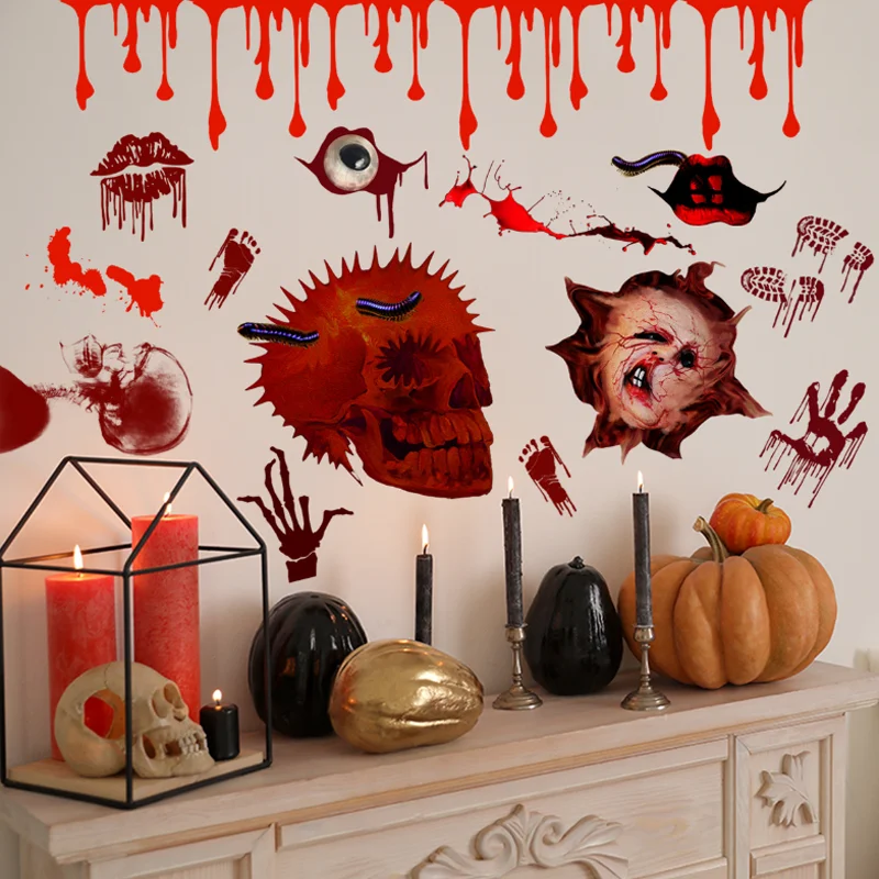 Halloween Skeleton Blood Handprint Wall Stickers Window Bedroom Home Decoration Self Adhesive Removable Waterproof Antifouling