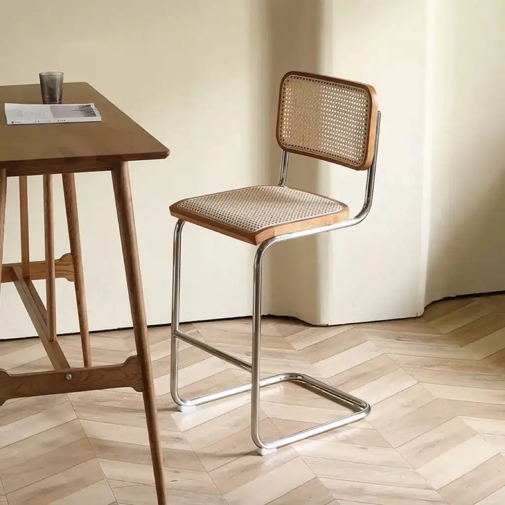 مقعد بار الروطان الحديث مع إطار معدني كرسي طاولة بتصميم بسيط لغرفة المعيشة في جزيرة المطبخ #5