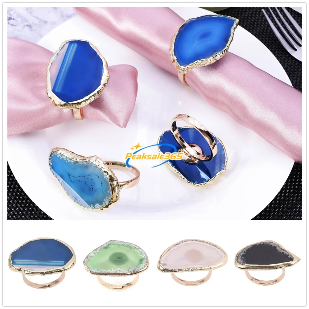 4pcs Agate Napkin Rings Natural/Black/Blue/Green Unique Decor Table Cloth Holder Metal Buckle Decor Dinner Home/Hotel/Restaurant