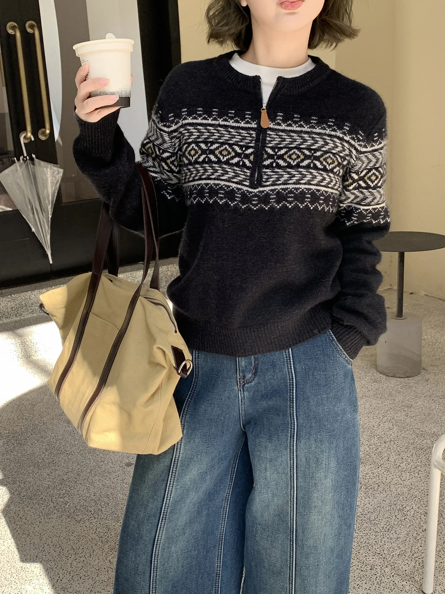 

Elinsu Vintage Geometric Knitted Sweater Women's Bla f Zipper round Ne Loose Fit Long Sve Knitwear for Autumn