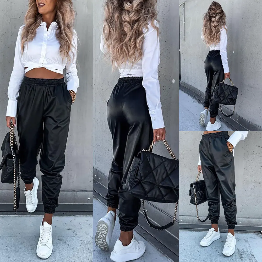 Leather Trousers Women High Street Pants Summer 2022 New Fashion Solid Black Elastic Waist Pu Pants Slacks Girl Trousers