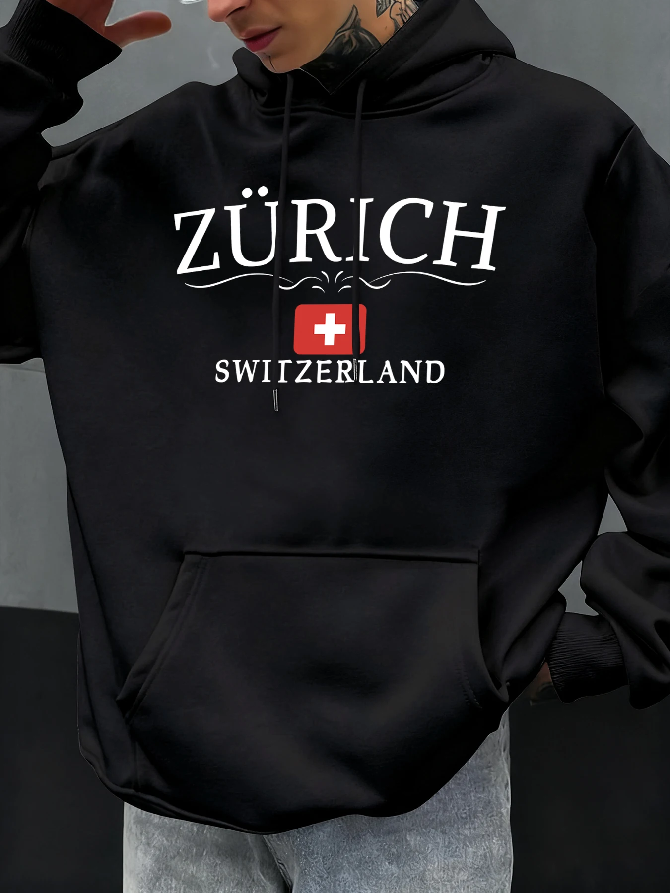 زيورخ سويسرا رسالة وعلم مطبوعة الرجال هوديي الخريف ملابس فضفاضة جيب الهيب هوب البلوز الصوف ملابس رياضية كاجوال #3