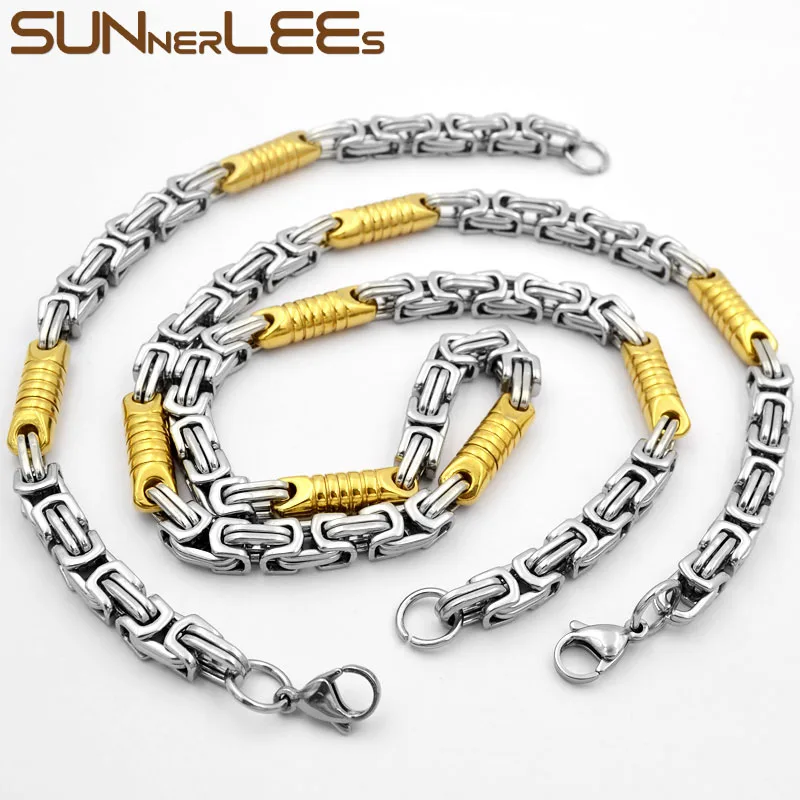 

SUNNERLEES Jewelry Stainless Steel Necklace Bracelet Set 7mm Geometric Link Chain Silver Color Gold Plated Men Women SC91 S