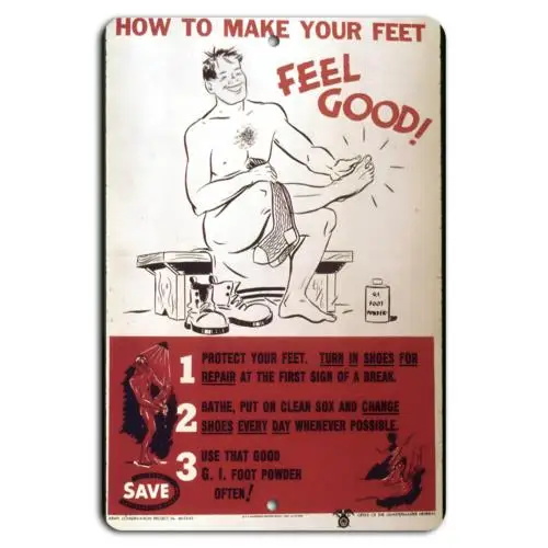 Vintage WWII G.I. Foot Care Sign - Feel Good Tips-Aluminum-tin sign