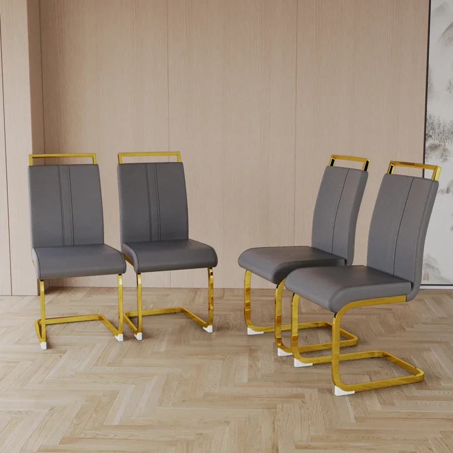 Modern Dining Chairs, PU Faux Leather High Back Upholstered Side Chair with C-shaped Tube. Plating Golden Metal Legs for Dining