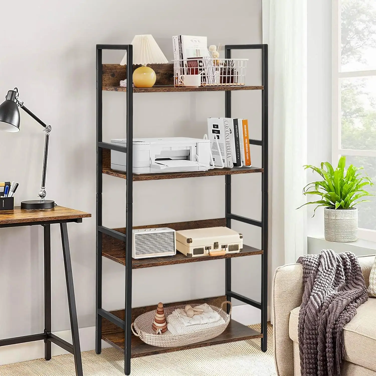 Bookshelf 4 Tier Industrial Bookcase Rustic Wood and Metal Standing Bookshelf with Back Panel Book Shelf for Bedroom