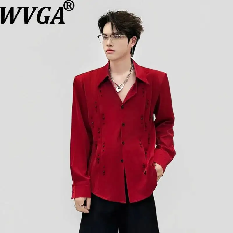 

WVGA Spring Summer New Men Niche High-End Pearl Embellished Trendy Long Sleeved Shirt Three-Dimensional Pleat Design Tops W24084
