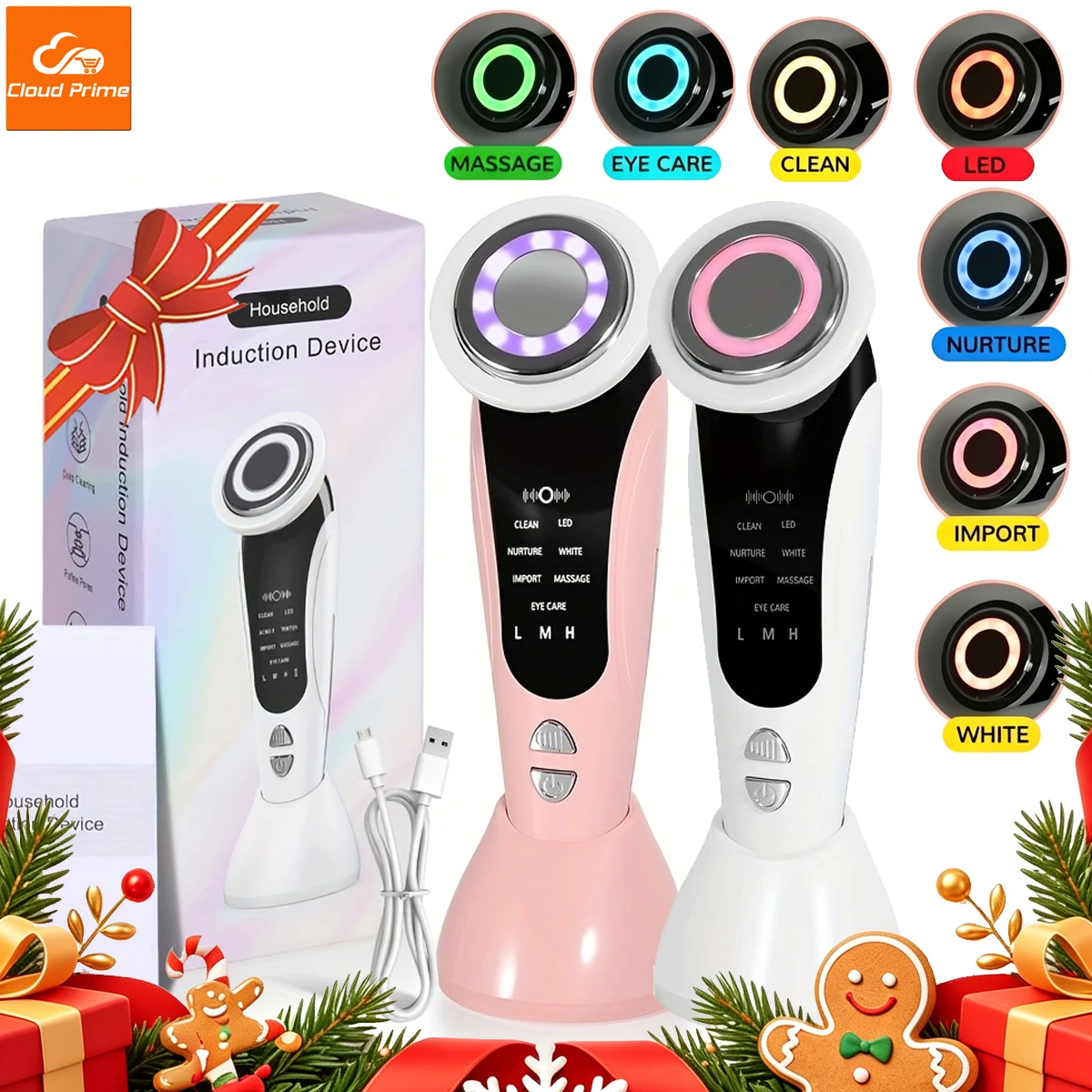 Cloud Prime 7 In 1 Facial And Neck Beauty Device 7 Modes LED Facial Skin Massager, 3 Adjustable Strengths Skincare Massage Tool With Vibration For Christmas And New Year Gifts