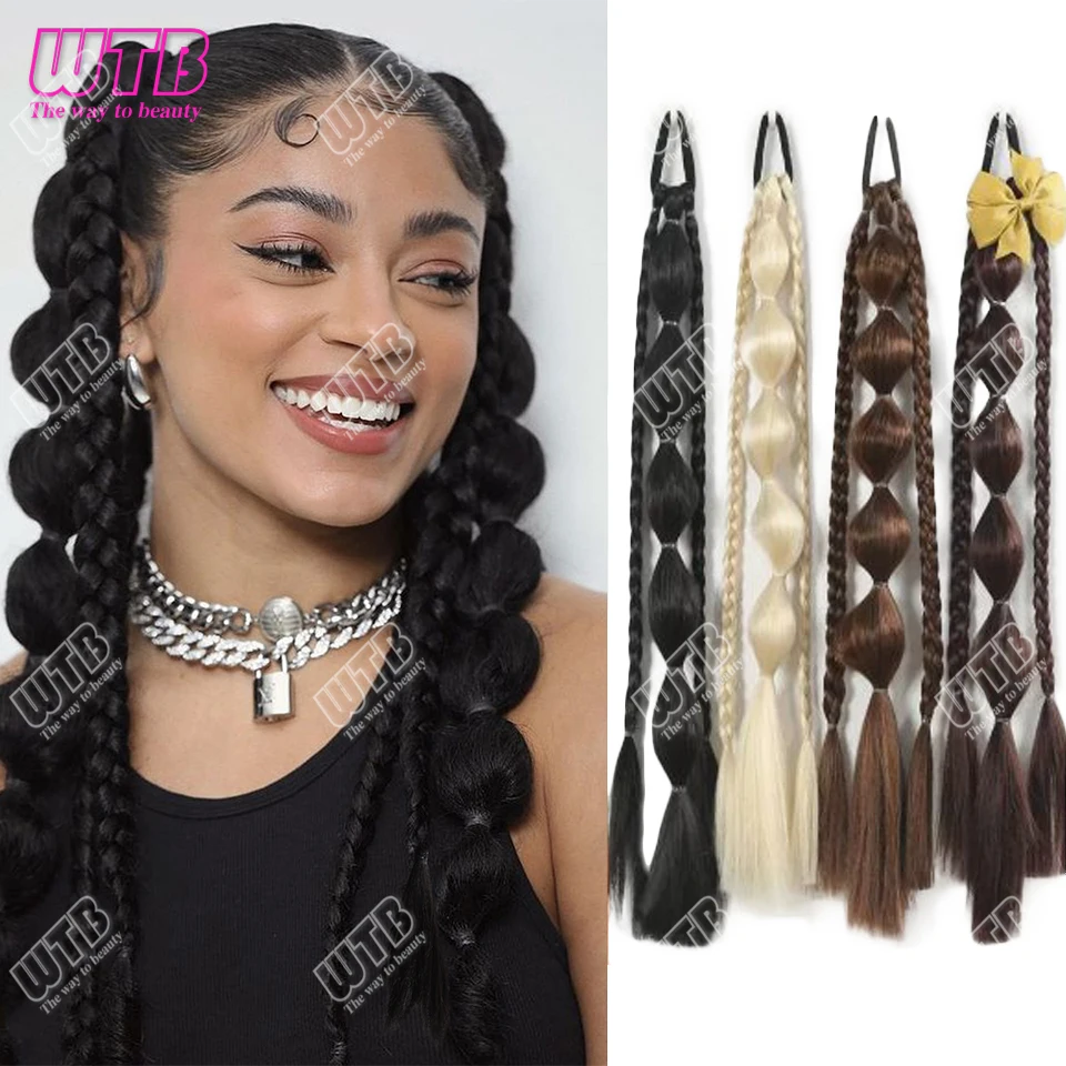 1PC Synthetic Long Twist Braid Bubble Ponytail Extensions With Rubber Band 18 Inch Braided Hair Extensions For Women Daily Use
