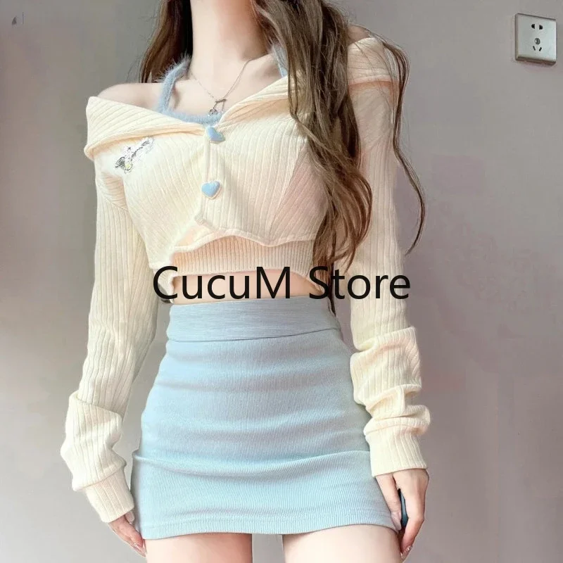 Blue Korean Style Three Piece Set Women Bodycon Elegant Sexy Party Mini Skirt Suit 2024 Y2k Knit Coat Kawaii Lolita Camis Tops