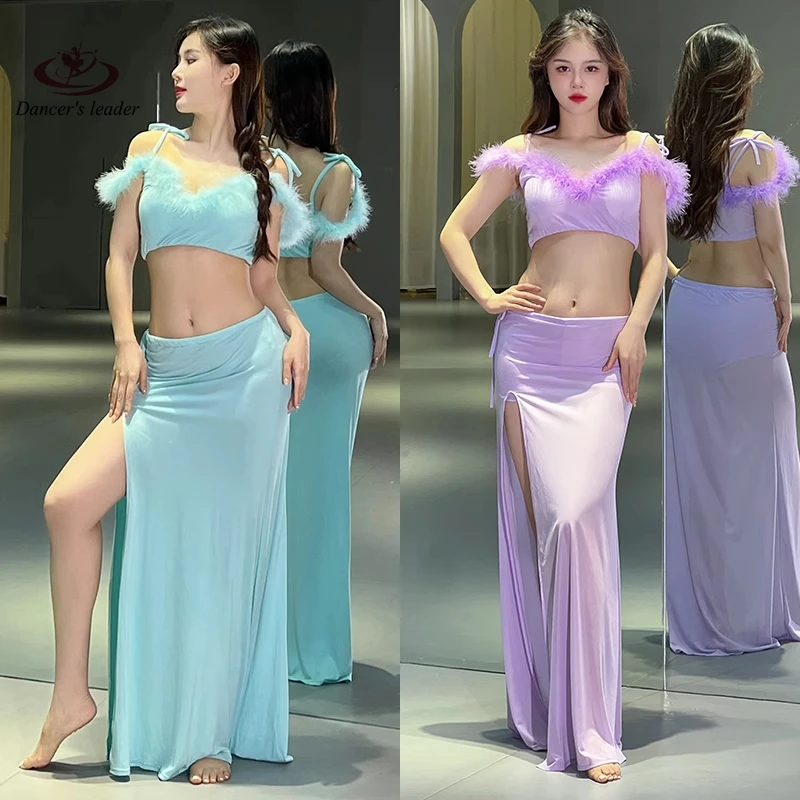 

Belly Dance Costume, Mink Hair Suspender Top, Slim Fit, Open Leg Skirt, Women's Training Performance Suit