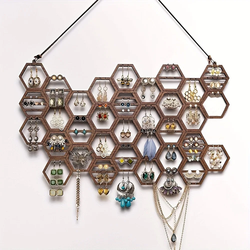 

1PCS Honeycomb Earring Organizer Wall Mounted Earring Display Rack Wooden Hanging Jewelry Organizer For Studs Necklaces