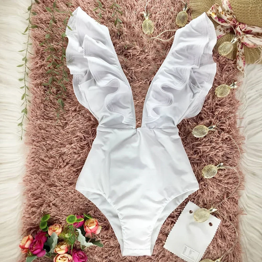 2025 plissado maiô de uma peça novo fora do ombro banho feminino sólido profundo-v fatos de banho beach wear maiô biquini