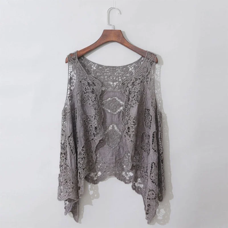 ผู้หญิงเปิดด้านหน้า Cardigan Boho Hollow Out โครเชต์ลูกไม้ผ้าม่านไม่สมมาตร Hem Hippie Shawl สีทึบเสื้อกั๊ก