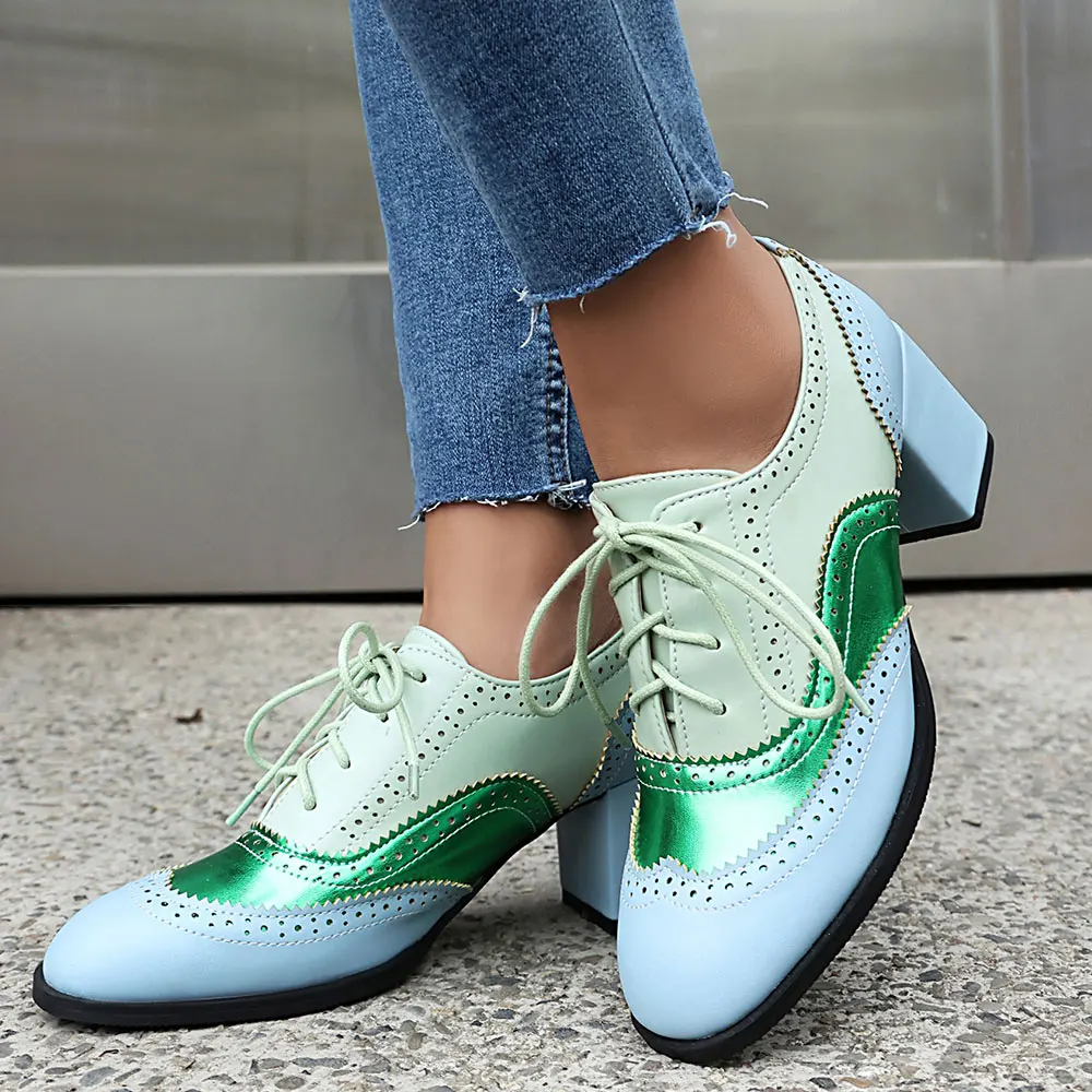 Plus Size 48 Vintage Red Brogue Shoes Chic Green Pink Patchwork Square High Heels Pumps Retro Lace-up Office Lady Daily Shoes_voghion.com