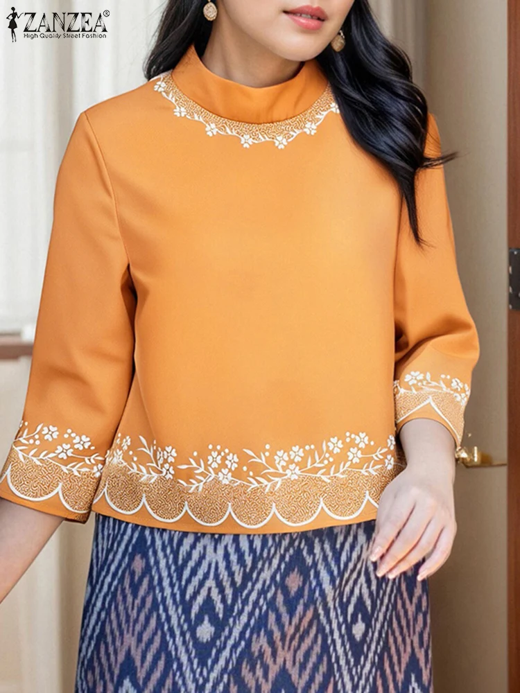 

ZANZEA Women Printed Bouse Casual Three Quarter Sleeve Tops 2025 Summer O Neck Blusas Female Vintage Pullovers Oversized