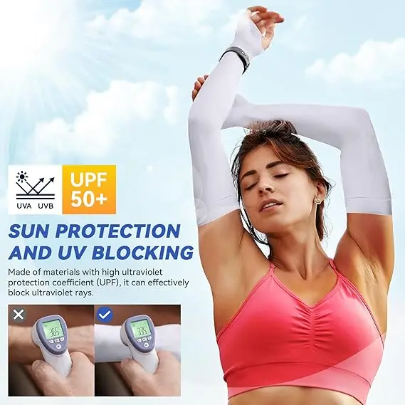 

UPF50+ White Ice Silk Sun Sleeves, UV Protection 99%. 21x14cm, Breathable, for Cycling, Running, Driving