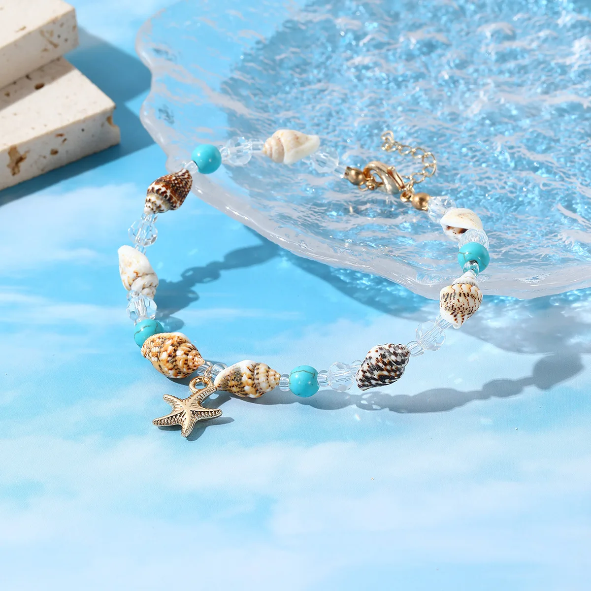 Boho Starfish Conch Bracelet for Women Girls Cute Shell Rice Beads Bracelet Chain Summer Beach Jewelry Gifts for Photograph