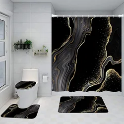 Abstract Marble Shower Curtain Set Gold Lines Black Grey Pattern Modern Luxury Home Bathroom Decor Non-slip Rug Toilet Lid Cover