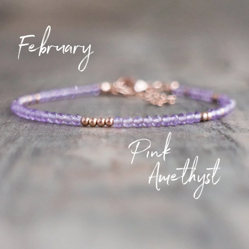 Pink Amethyst Bracelet, Anniversary Gift for Wife, February Birthday Gifts for Women, Adjustable Dainty Pink Gemstone Bracelet