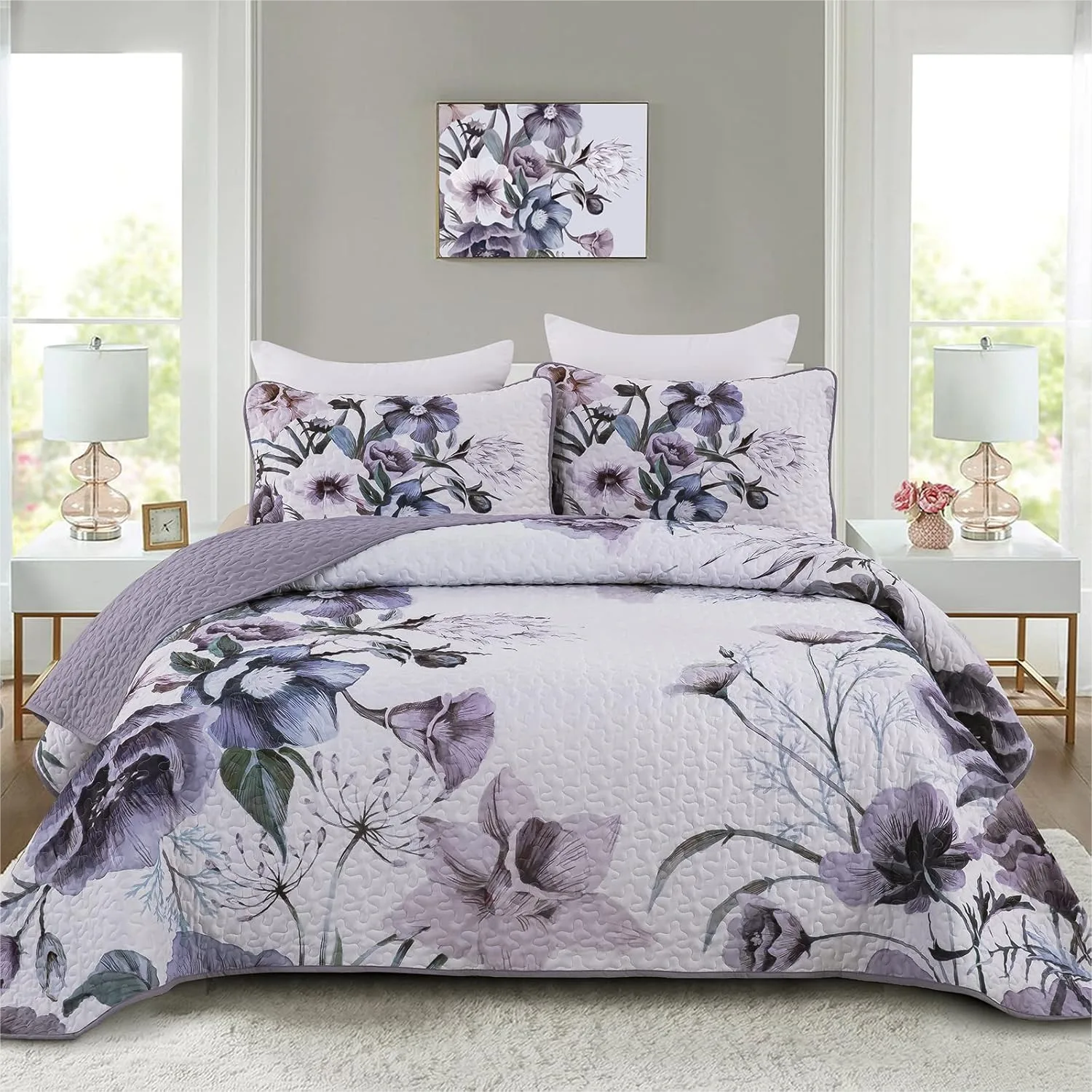 

Purple Floral Quilt Set King Size 3 Pieces Botanical Flower Coverlet Set Soft Microfiber Lightweight Bedspread All Season 104x90