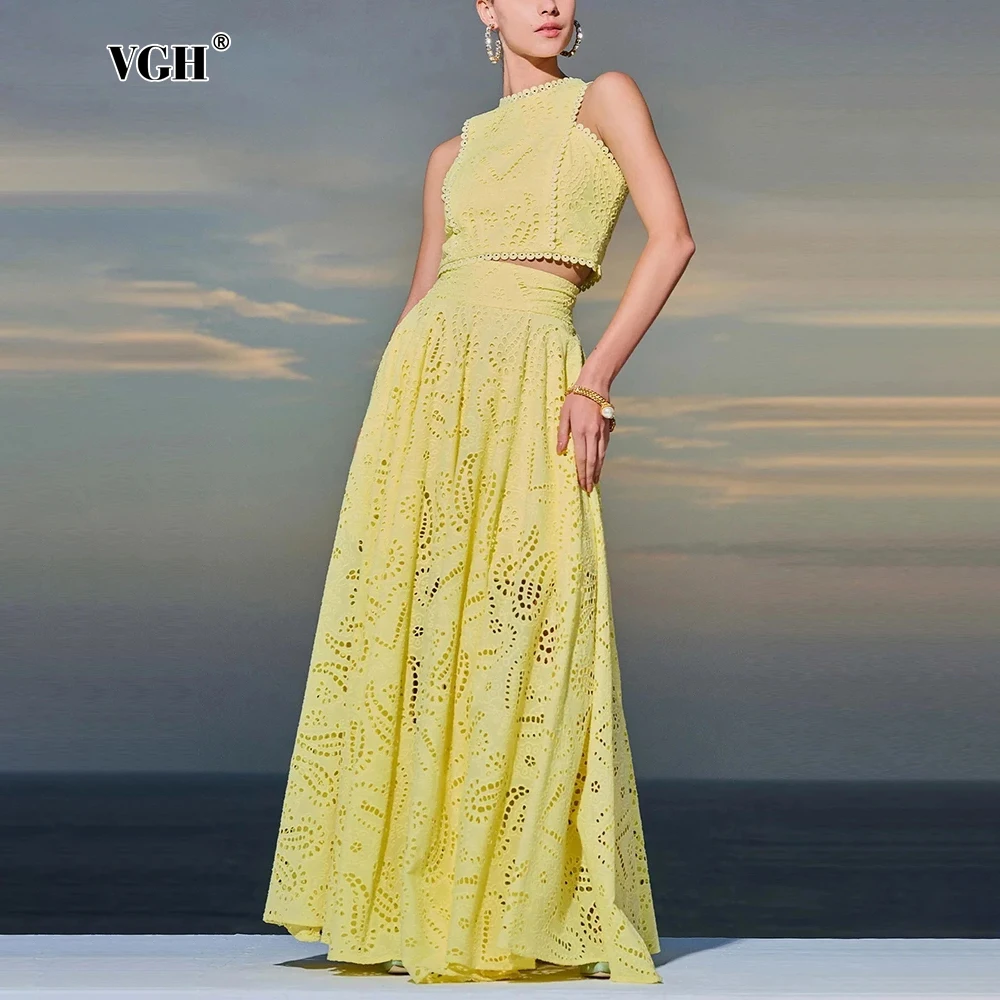 

VGH Solid Embroidery Two Piece Sets For Women Round Neck Sleeveless Tops High Waist A Line Long Skirts Elegant Set Female New