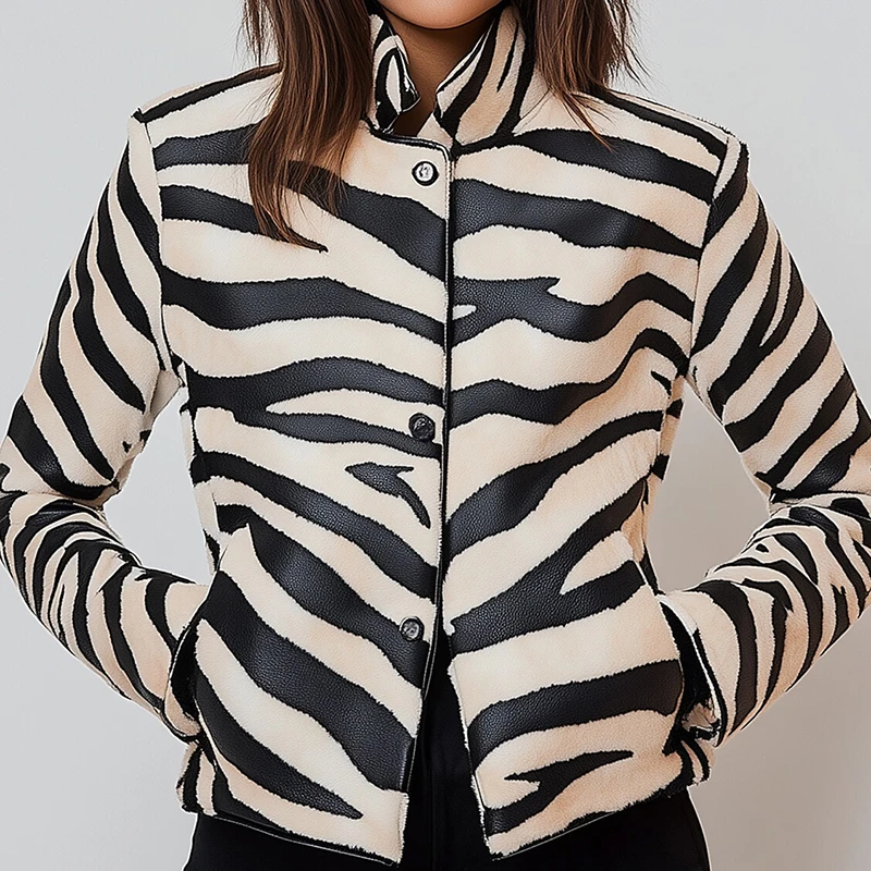 Women’s PU Leather Jacket Zebra Print Stand Collar Long Sleeve Button Down Fashion Street Harajuku Autumn Winter Casual Jacket