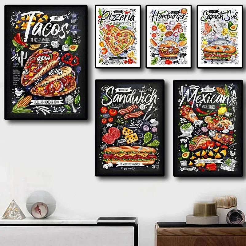 Food Posters Fries Burger Pizza Sandwich Restaurant Kitchen Aesthetic Canvas Painting Poster Wall Art Picture Room Decoration