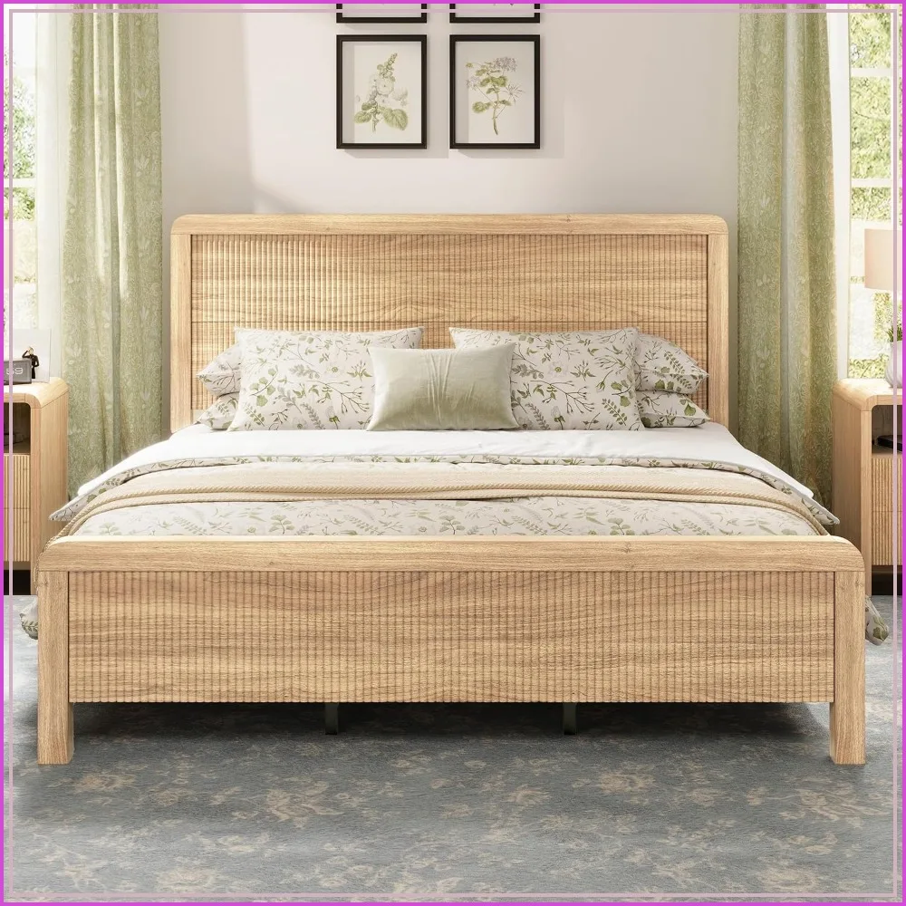 AMERLIFE Wood Full Size Bed Frame with Fluted Headboard and Footboard, Oak