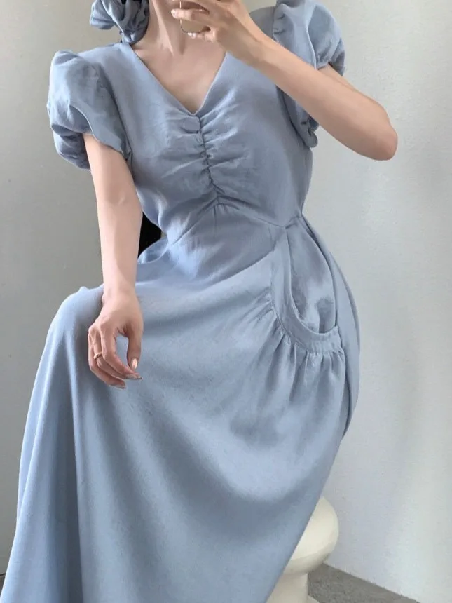 Vestido largo e con cuello en V y manga de burbuja para mujer, vestido de verano de manga corta con estilo e a ...