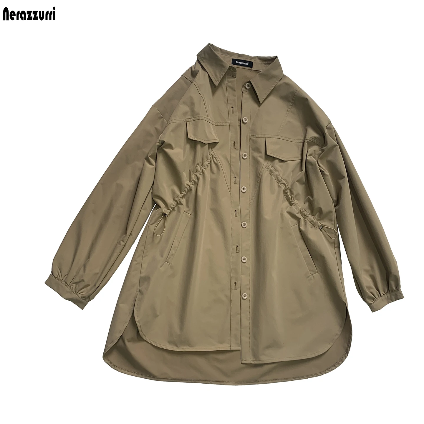 Mauroicardi Autumn Khaki Shirt Jacket Women Drawstring Waist Turn-Down Collar Luxury Elegant Chic Stylish Fashion 2026 Clothes