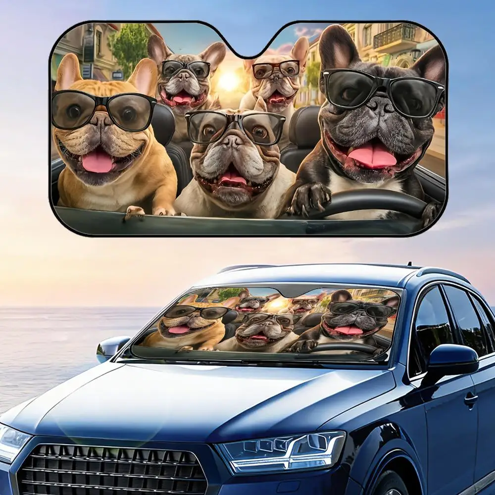 French Bulldog Driving  Sun Visor Foldable Universal Car Windshield Sun Shade UV Protection Heat Insulation Foldable Cover