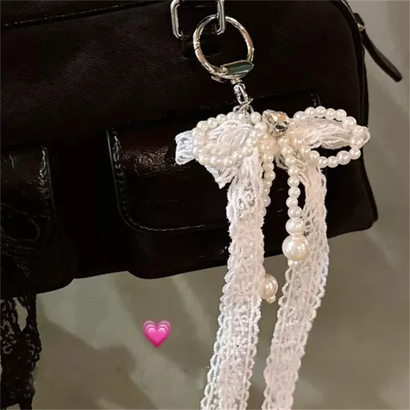 Y2K Korea Cute Lace Pearl Chain Phone Strap Charm Chain Knot Cellphone Lanyard Keychain Earphones Bag Kawaii Pendant Accessories