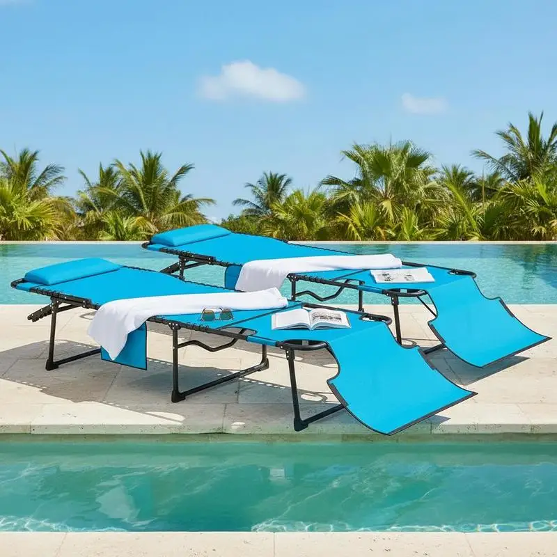 2 Piece Folding Chaise Lounge Pool Chairs with 5-level Reclining Back, Reading Hole, Side Pocket, Blue