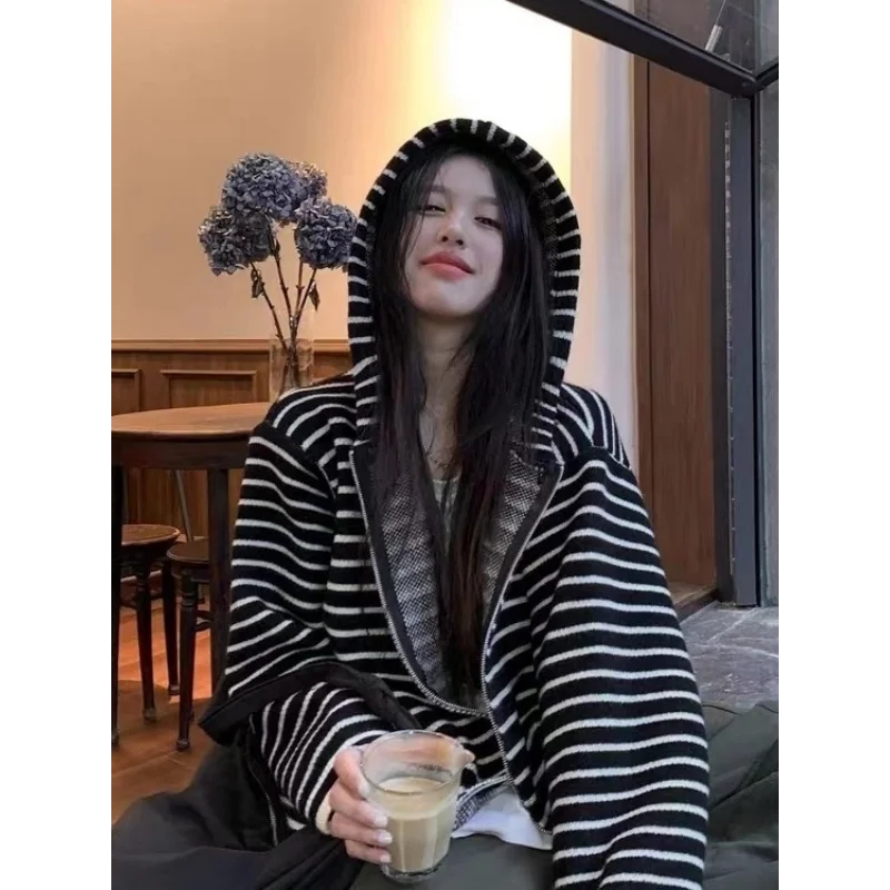 

Striped Hooded Long Sleeve Knit Cardigan