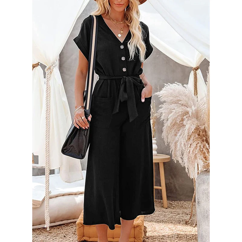 Women Summer Casual Wide Leg Jumpsuits Short Sleeve V Neck Button Closure Waist Tie Long Pants Romper with Pockets