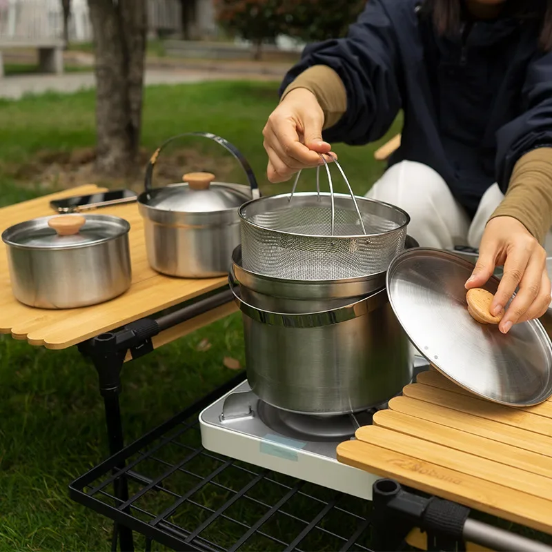 Stainless Steel Family Pot Set Multifunctional Soup Frying Steaming Cookware Portable Gear For Camping Hiking BBQ Picnic Use
