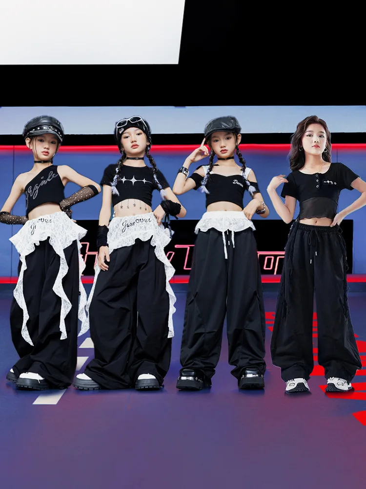 Kid Kpop Hip Hop Clothing Black Stars Crop T Shirt Tank Top Lace Belt Wide Leg Parachute Pants for Girl Dance Costumes Clothes