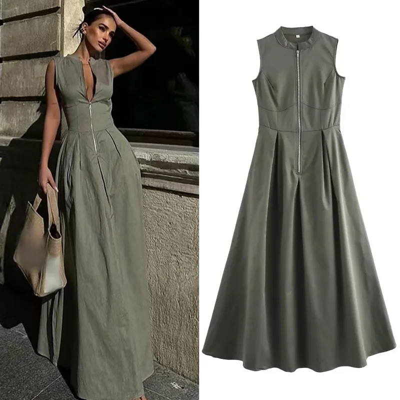 TRAF Pleated Spliced Dress Women Fashion Sleeveless Zipper Maxi Dresses Summer O-Neck Slim High Waist Vestidos Office Lady Robes