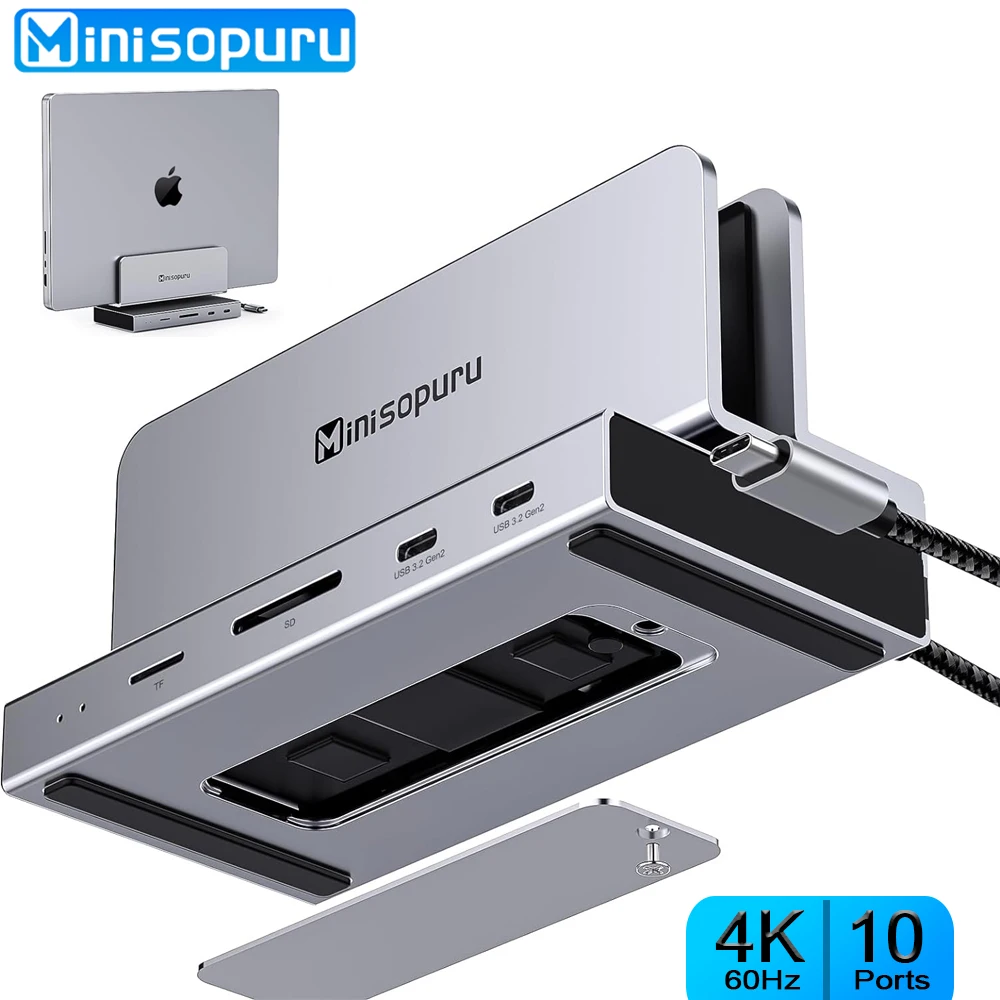 

Minisopuru USB C HUB with M.2 NVMe SSD 4K HDMI 10Gbps USB C RJ45 PD Multiport Vertical Docking Station Stand for Macbook M1/M2