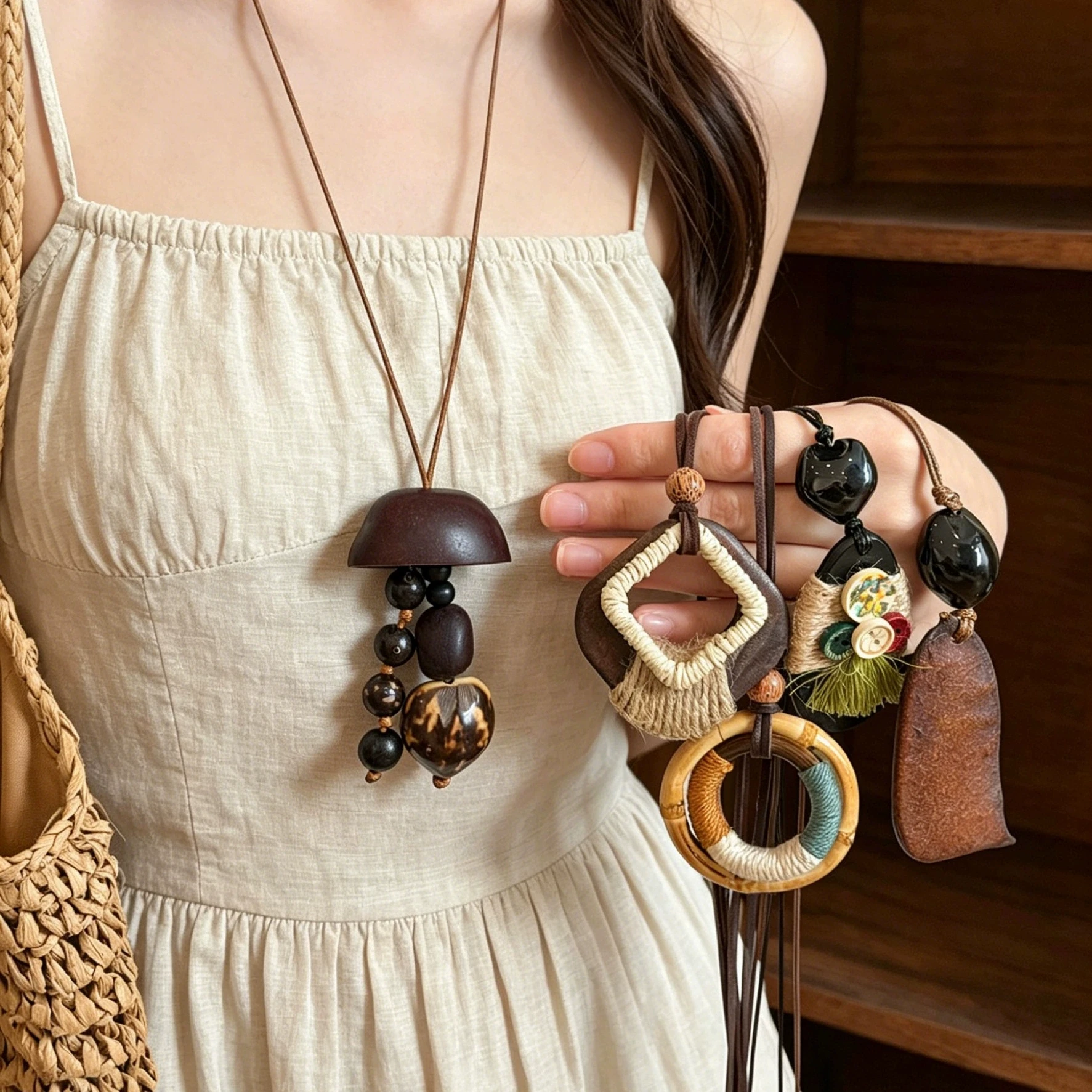 Trendige Boho-Halskette mit hohlem Holz- und geometrischem Bambus-Design, langer verstellbarer Seil-Sweater-Kette für Damen, Charms-Schmuck