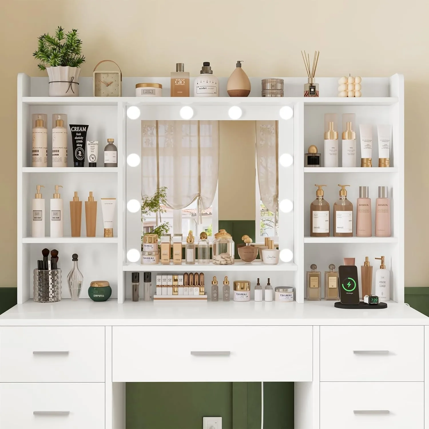 Makeup Vanity with Lighted Mirror & Power Outlet, 9 Drawers & 6 Storage Shelves, 3 Light Modes, Custom image 5