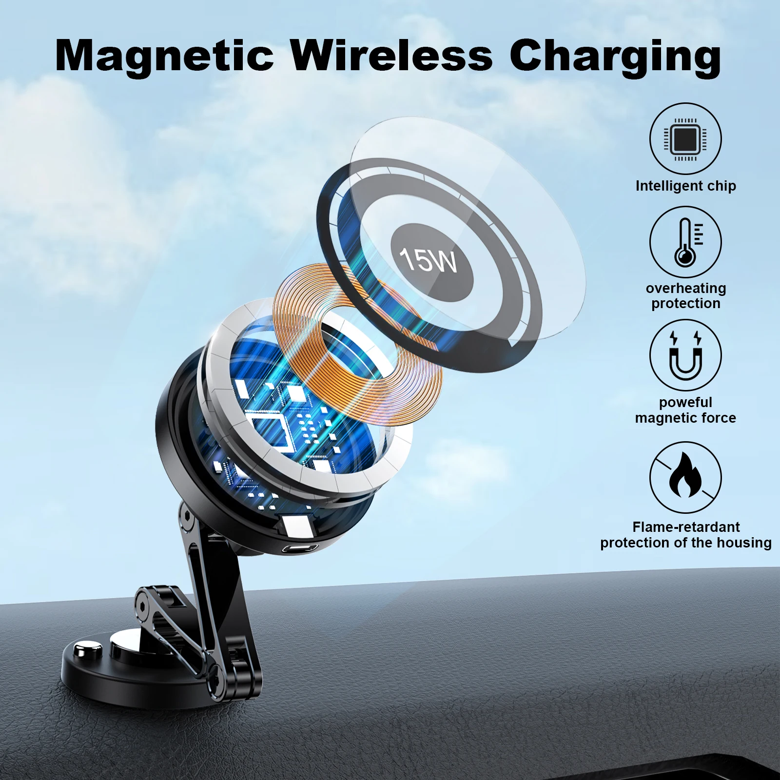 Магнитный автомобильный держатель для телефона 15 Вт, беспроводное зарядное устройство, вращение быстрой зарядки, магнитная подставка для автомобильного телефона для IPhone 16, 15, 14, 13, 12